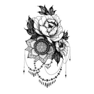 Imekaunis mustvalge ajutine tätoveering kleebis mandala lilledega. Ajutisel tattool on mandal motiiv koos lillede ja ripatsitega.