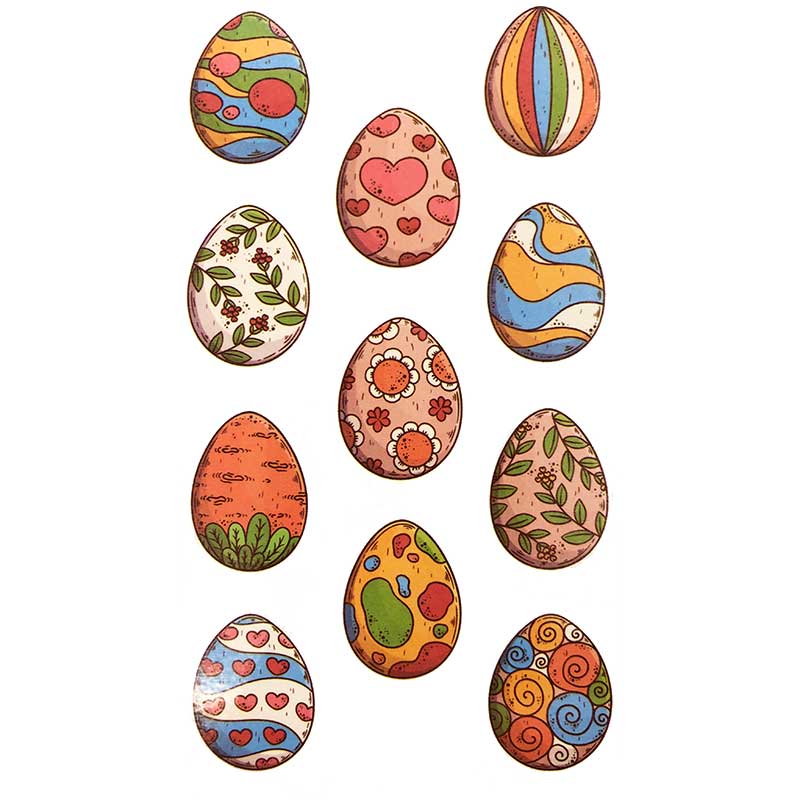 Kaunis ajutine tätoveering kleebis värviliste munapühade munadega. Muuda kevadpühad lõbusaks! Lehe mõõdud on 6.5 x 12cm.