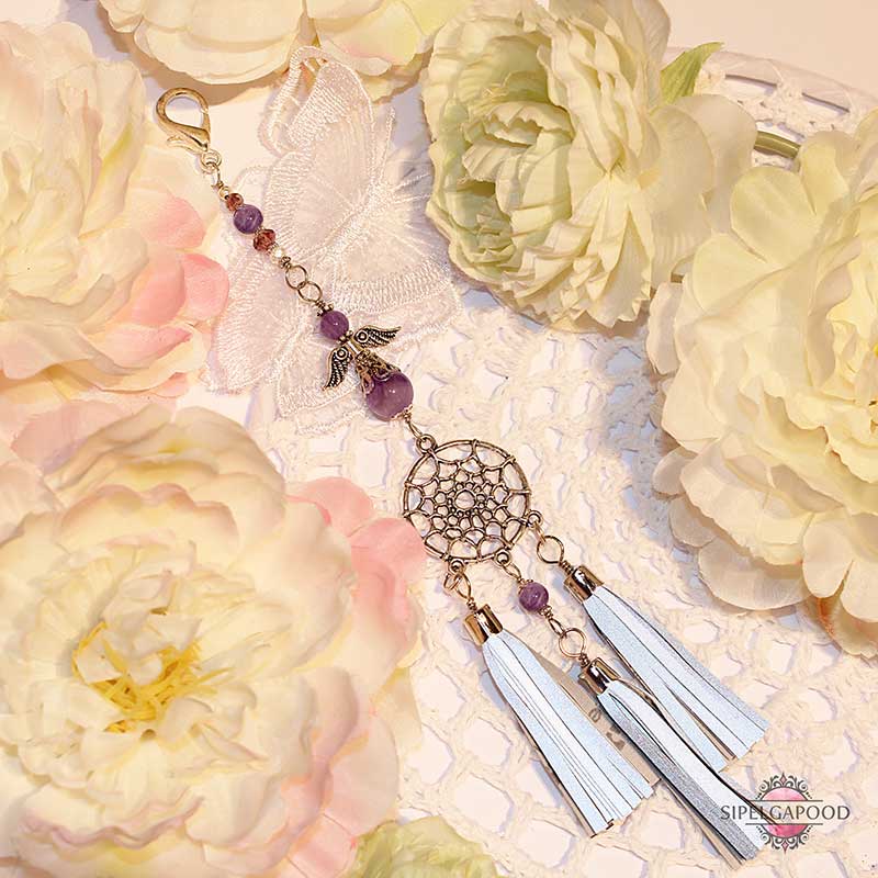 Ametüstide ja unenäopüüdjaga pikk helkur-ripats